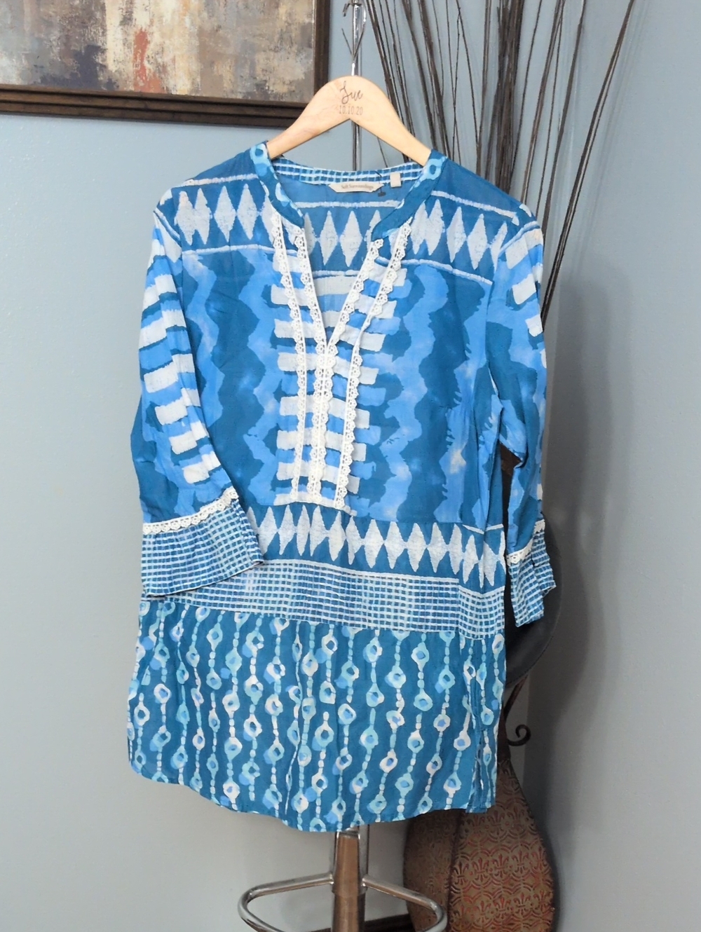 Soft Surroundings Blue & White Patterned Tunic 100% Cotton